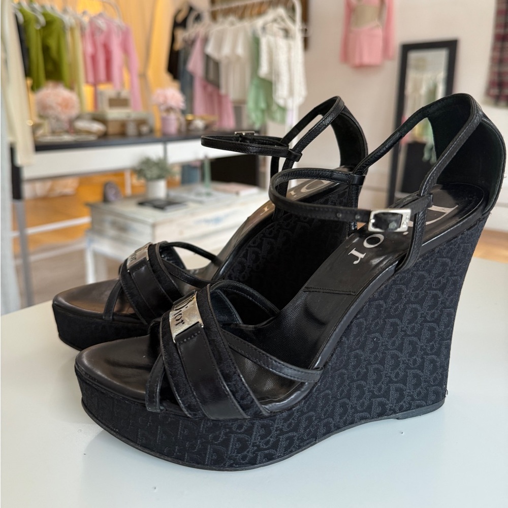 Dior Black Diorissimo Oblique Monogram Trotter Logo Platform Sandal Wedge Heels